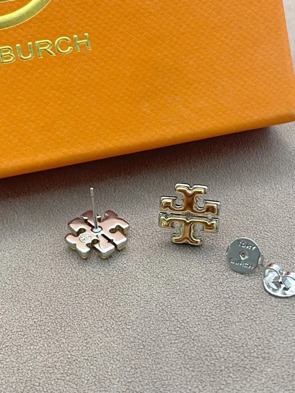Tory Burch Two-Tone Double-T Logo Stud Earrings